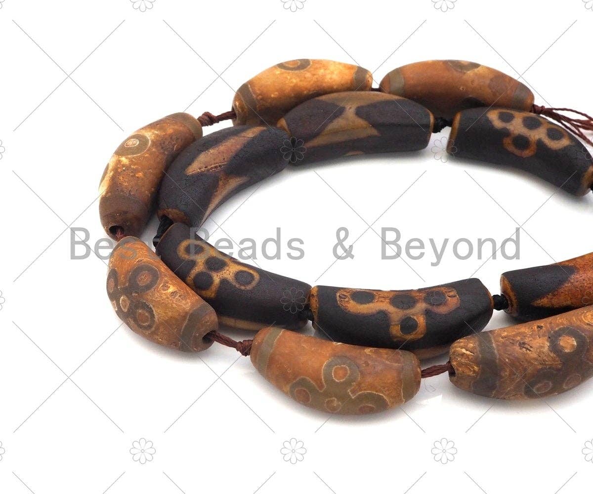 Natural Brown Agate Curve Spacer Beads, Lightning Flower Agate Pendant Beads, Brown Dark Brown Tibetan Dzi Beads, 43x16mm, Sku#U1128