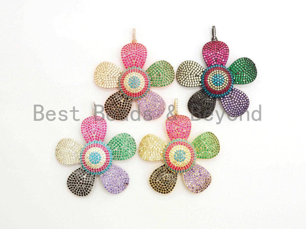 58mm Large CZ Multi-color Micro Pave Plum Flower Focal Pendant,Cubic Zirconia Paved Charm in Gold,Silver, Rose Gold,Gunmetal,sku#F488