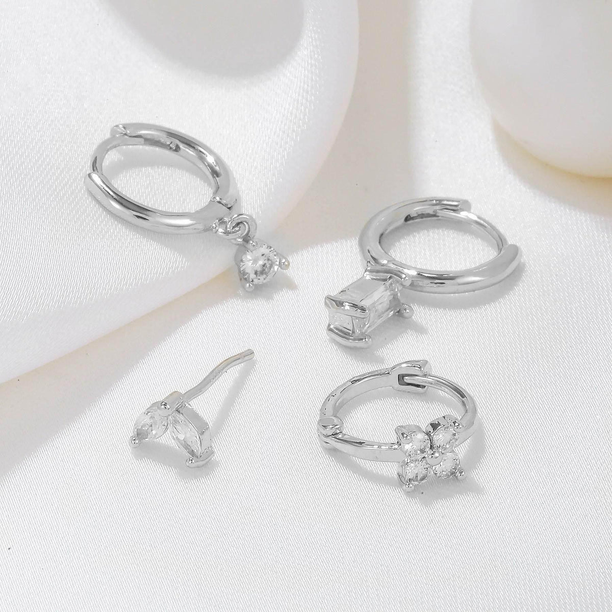 Stacking 4 Pieces Geometric Zircon Stud Earring Set, 18k Gold Plated Ear Studs and Drops, Trendy Sweet Cool Earrings, S925 Needle