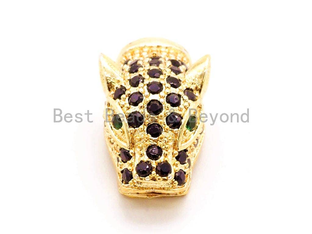 CZ Micro Pave leopard cuved tube bead, Cubic Zirconia Panther Head space beads, Animal Head Beads, 17x10mm, sku#G174