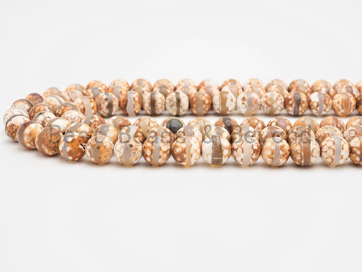 Quality DZI Brown Cream White Agate beads, Round with One line Tibetan Agate Beads, 6mm/8mm/10mm/12mm Agate,15.5'' Strand, SKU#U406