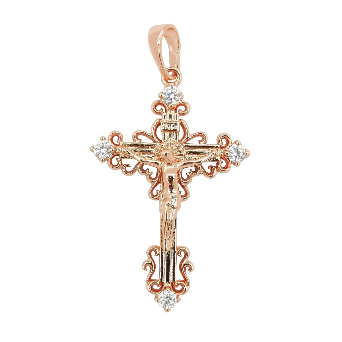 30x20mm Wholesale 18K Gold Plated Rose Gold Jesus on Cross Pendant with Cubic Zirconia Crystal Rhinestones, Christian Pendant for Necklace Bracelet Anklet Making J-184