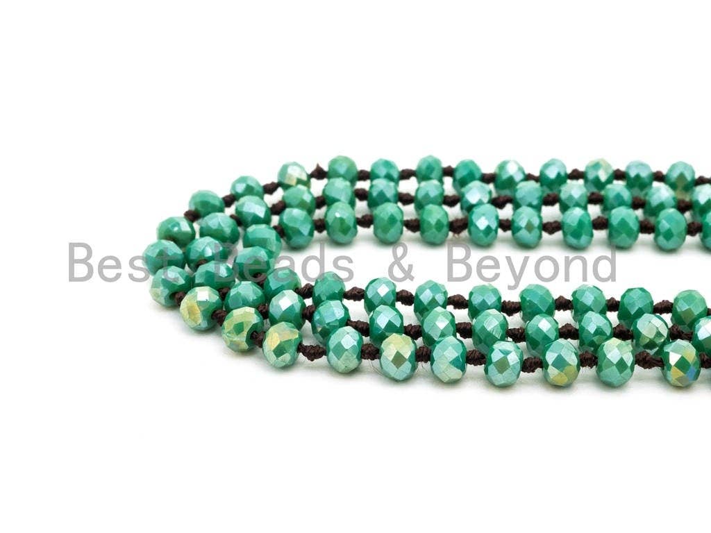 60 EXTRA Long Hand Knotted Tear Green Color Crystal Necklace, Double Wrap Necklace, Green 2x4mm Rondelle Faceted Crystal Beads,SKU#D22