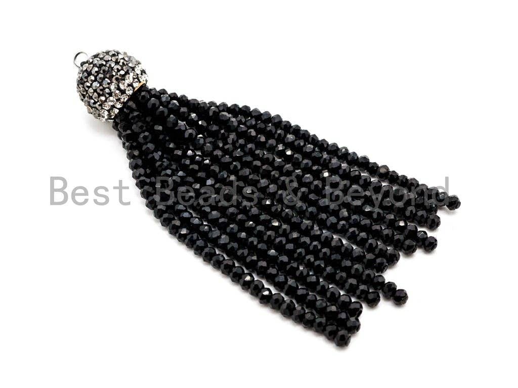 Black/Silver Crystal Beaded Tassel Pendants,Glass Crystal Beads,Pave CZ Rhinestone Cap, Tassel Necklace Enhancer, 3'' long, Sku#B67