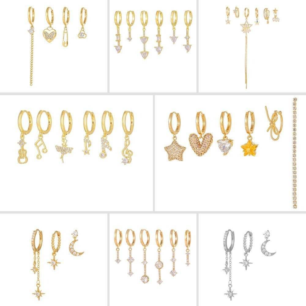 6pcs Celestial Star Moon Earrings Set, S925 Silver Posts, 18K Gold & White Gold Stud Drop Hoop, Stacked Lobe CZ Jewelry Gift Cubic Zirconia