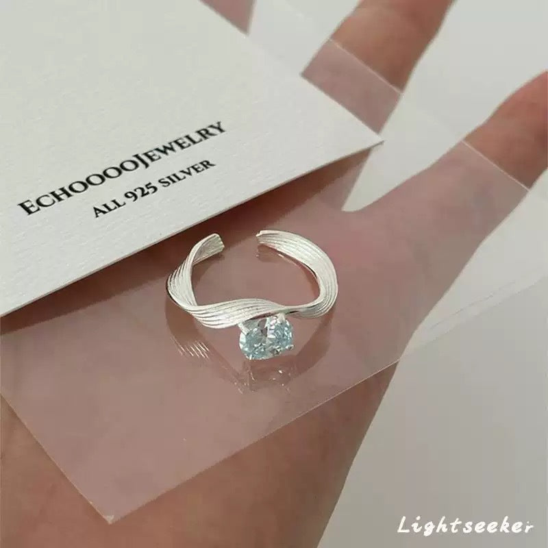 Blue Zircon Twisted Geometric Wave Open Ring, Minimalist Textured Statement Ring For Women