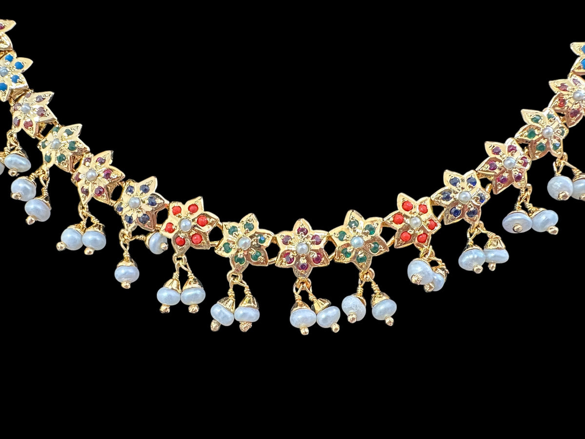 Navratan / Multicolored Jadau Necklace Set in Gold Plated Silver ( READY TO SHIP )