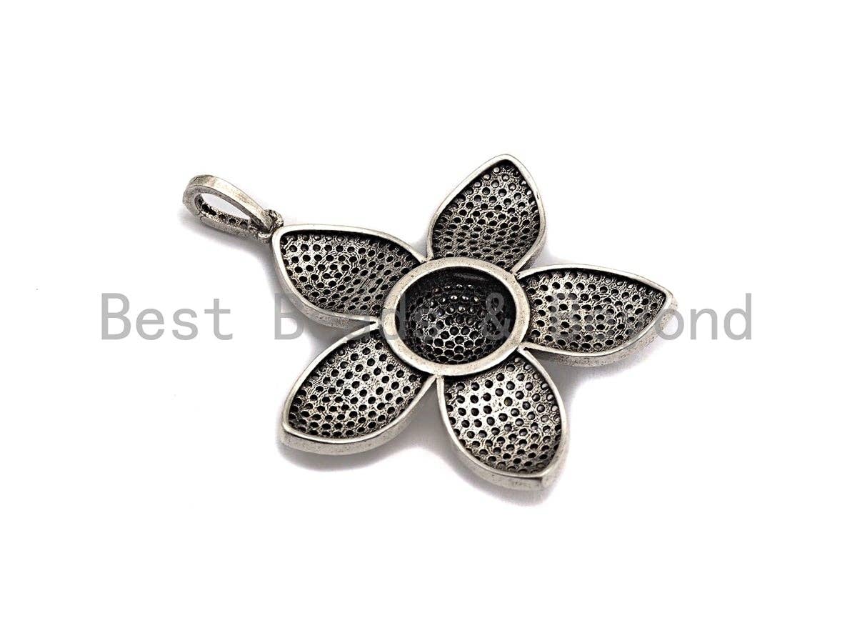 CZ Micro Pave Sakura Flower Pendant, Antique Silver Tone, Clear Cubic Zirconia Big Pave Flower Charm Pendant, 40x41mm,sku#F999C