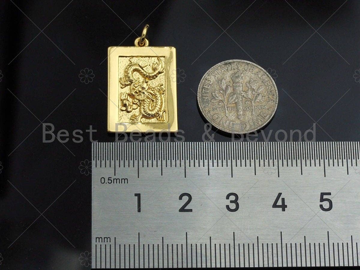 Shiny Gold Medallion Dragon Dog Tag Pendant, Dragon Rectangl