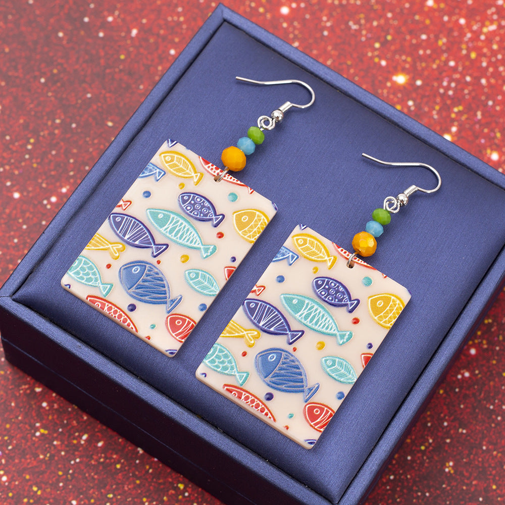 Fashionable Square 3D Printed Acrylic Multi-Color Fish Earrings For Women