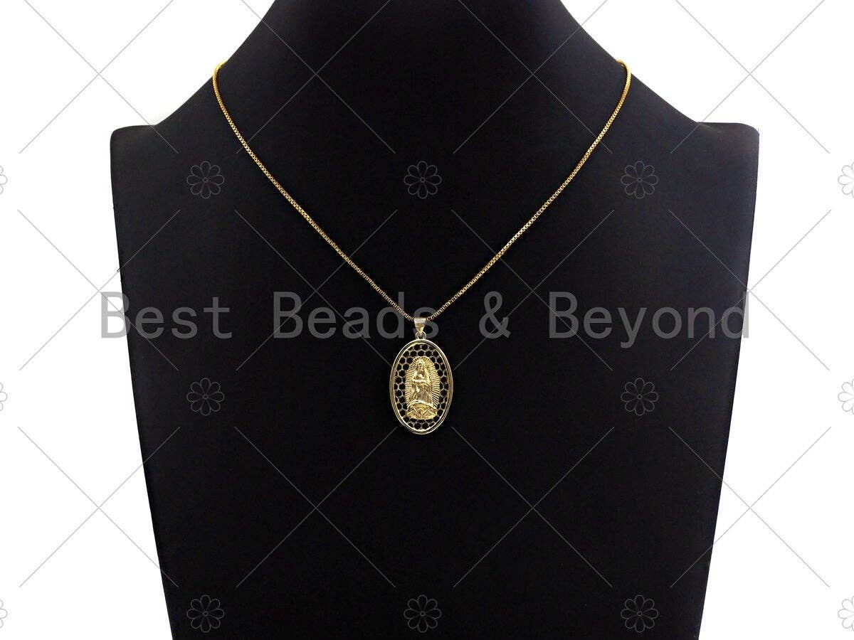 18K Gold Virgin Mary On Oval Emblem Pendant, Hollow Out Oval Charm, Virgin Mary Pendant, Dianty Gold Medallion Charm,31x19mm, Sku#F1145