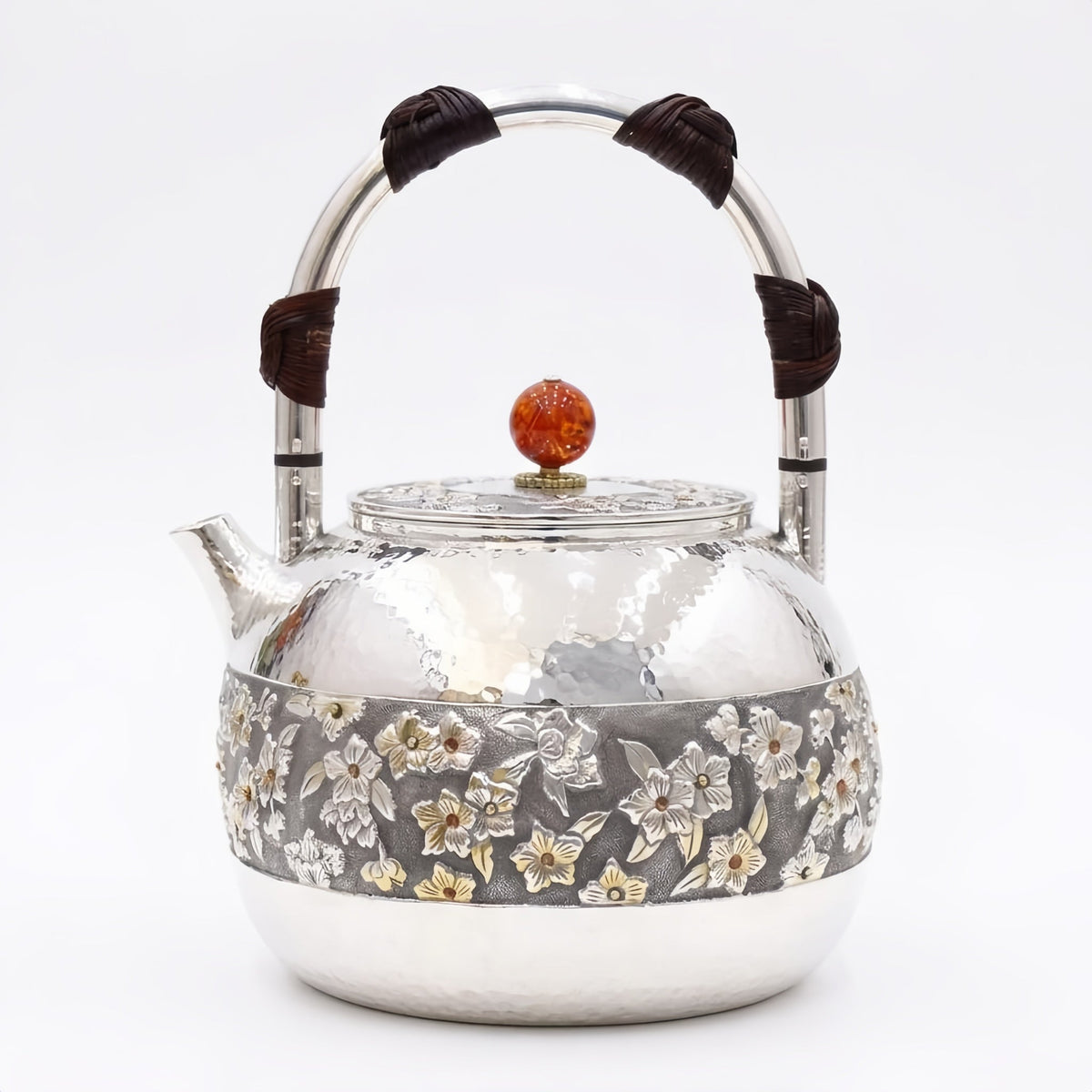 Pure 999 Fine Silver Elegant Hammered Silver Teapot with Intricate Floral Relief and Woven Handle - Handicraft