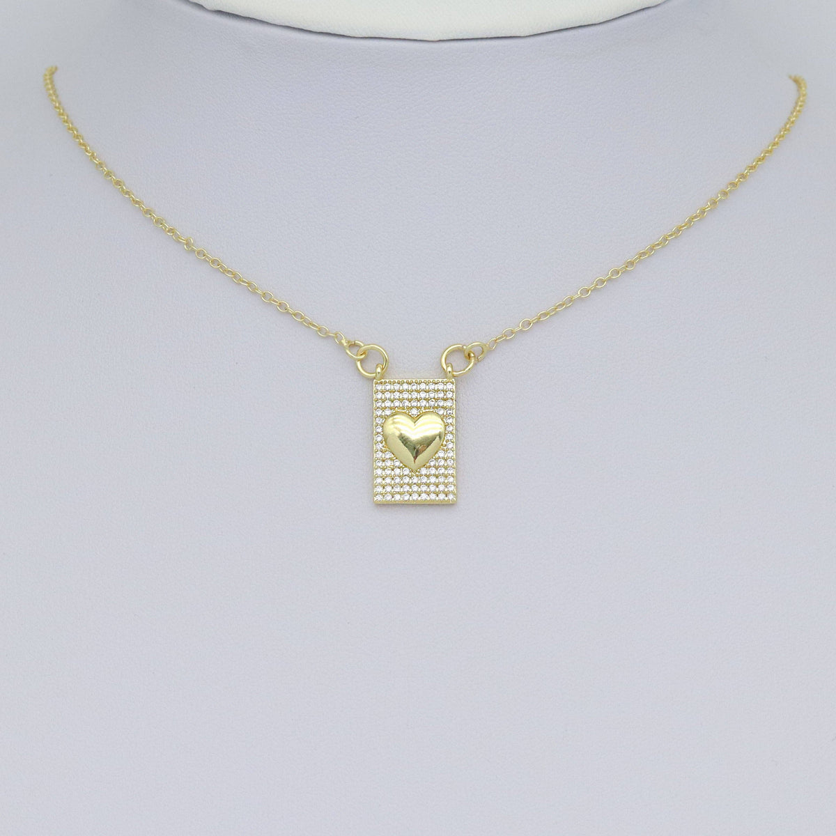 Gold Clear CZ Heart On Rectangle Charm Pendant, Sku#LK984