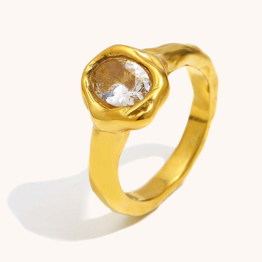 Stainless Steel 18K Gold-Plated Holed Dove-Egg Zircon Ring For Women  Lite Luxury