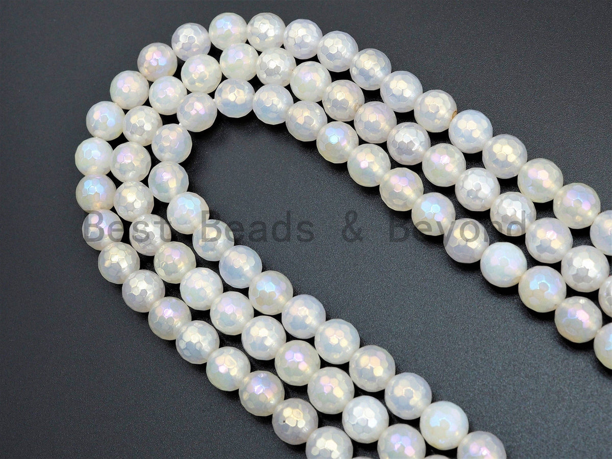 Mystic Plated Agate beads, 6mm/8mm/10mm/12mm Faceted Round Gemstone beads, AB Color Rainbow White Agate Beads, 15.5inch strand, SKU#U345