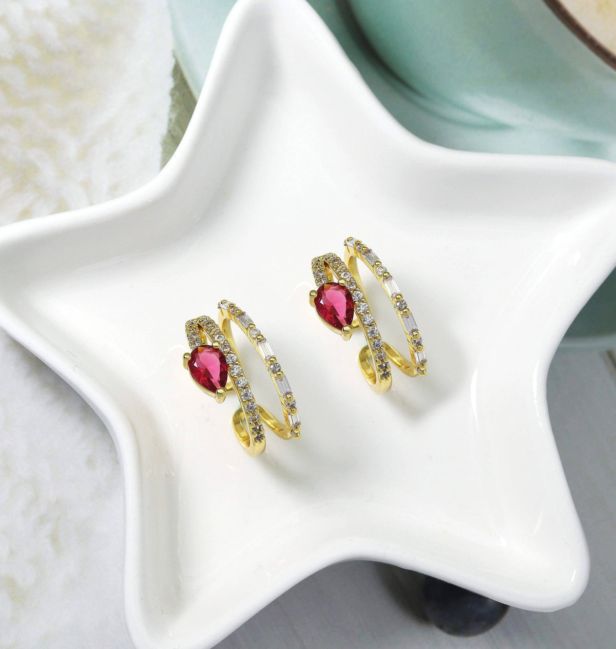Gold Ruby Drop Swirl multiline Ring, Sku#LD335