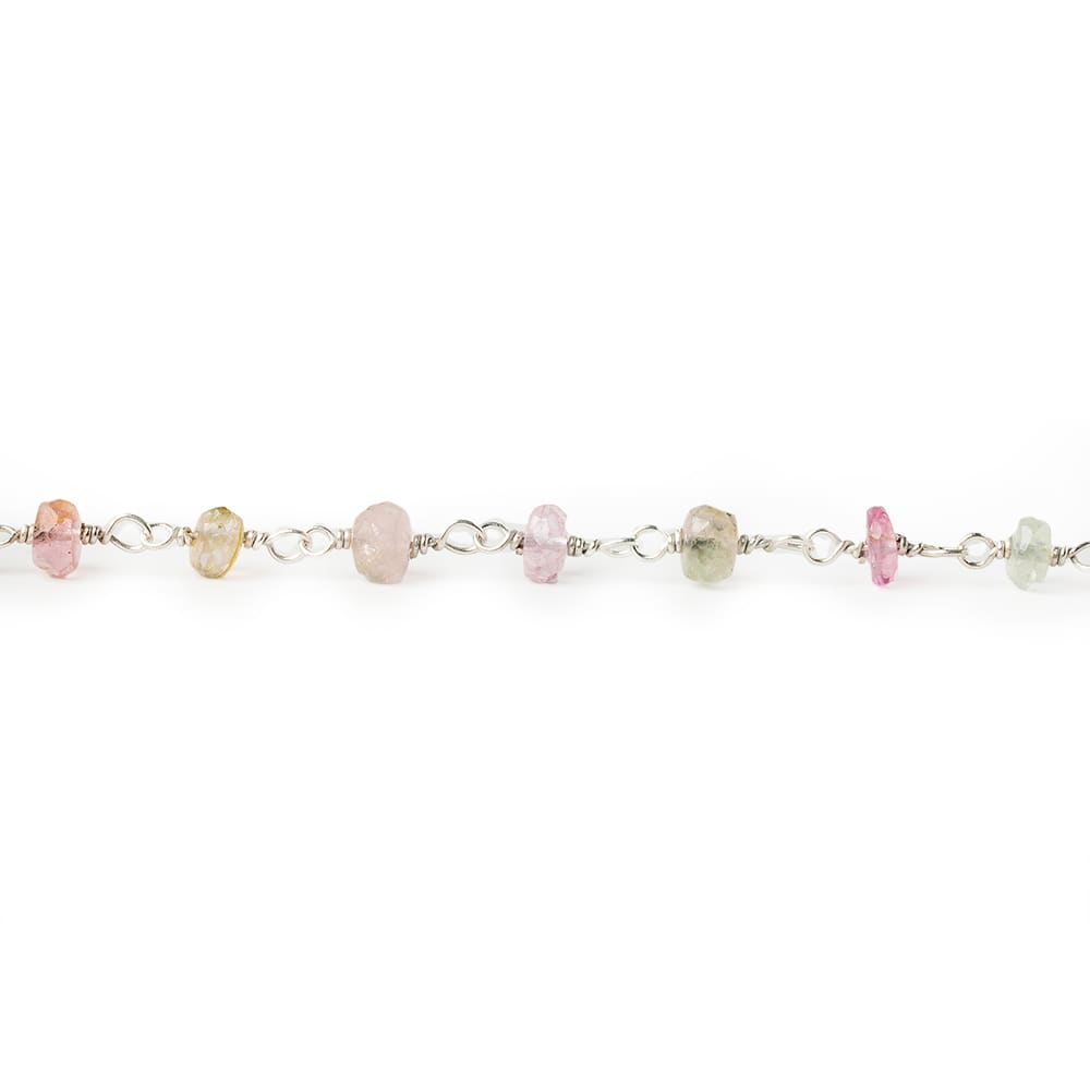 3.5-4mm Afghani Multi Color Tourmaline faceted rondelle Sterling Silver Chain by the foot 42 pieces
