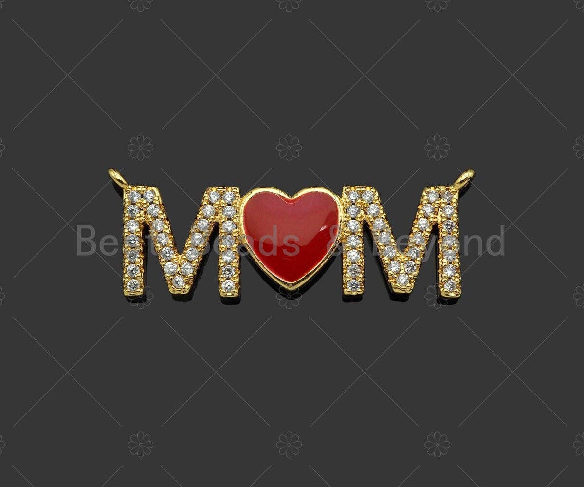 Gold Filled Red Enamel Heart CZ Micro Pave MOM Shape Pendant, 18K Gold Filled Charm, Mother's day, Necklace Pendant,11x32mm,Sku#LD125