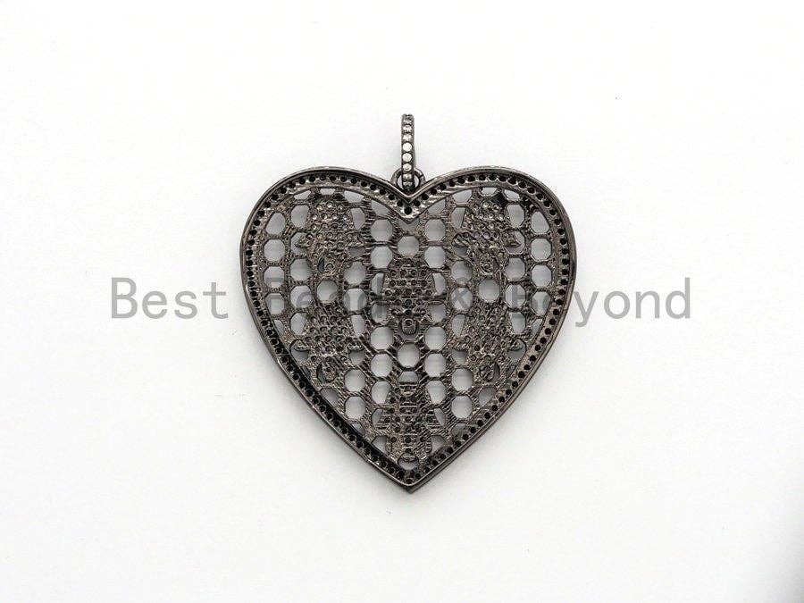 CZ Micro Pave Heart Pendant with hamsa hand, Large Heart Shaped Pendant, Hamsa Hand,Gold/Rose Gold/Silver/Gunmetal plated, 40x41mm, Sku#F558