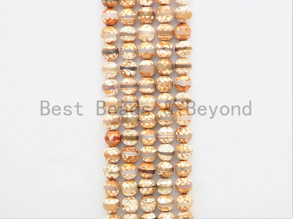Quality DZI Brown Cream White Agate beads, Round with One line Tibetan Agate Beads, 6mm/8mm/10mm/12mm Agate,15.5'' Strand, SKU#U406