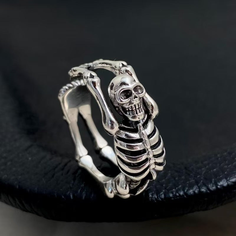 Vintage Silver Oni Hannya Mask Ring, Gold Horns Demon Skull Adjustable Band, Gothic Punk Biker Ring For Men