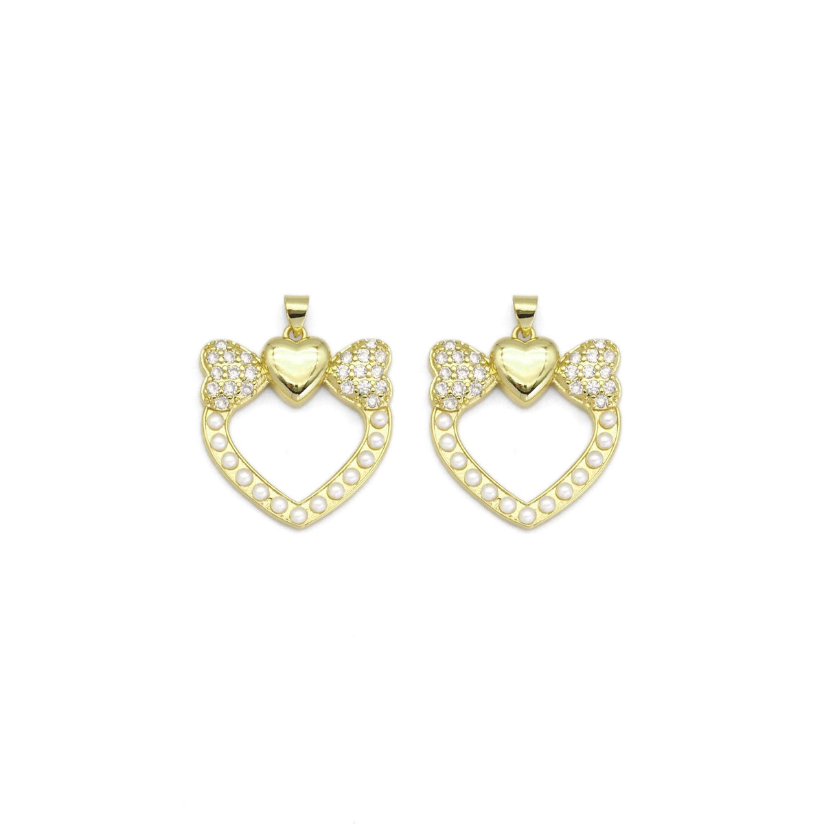 Gold CZ Bow Heart Pearl Around Charm, Sku#LK882