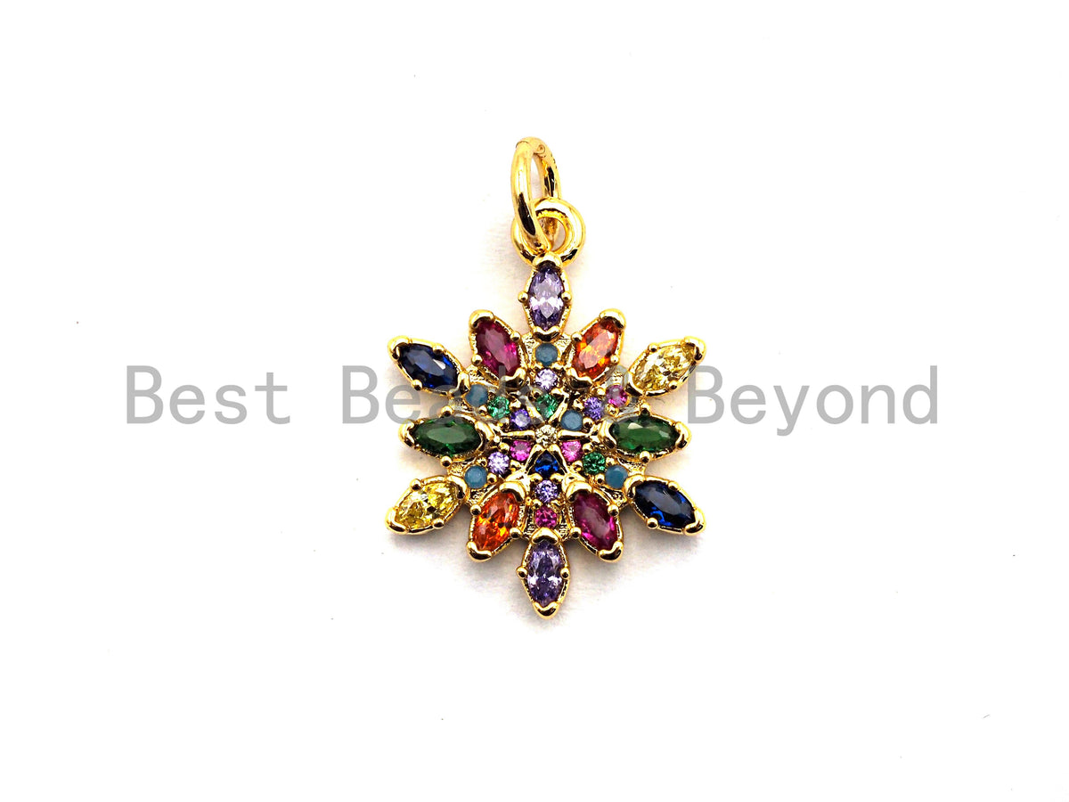 CZ Colorful Micro Pave Round With Snowflake Pendant, Snowflake  Shaped Pave Pendant, Gold plated, 14x18mm, Sku#F823