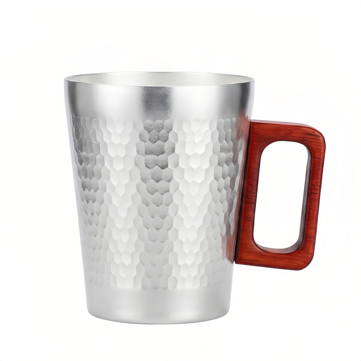 Pure 999 Fine Silver Modern Hammered Metal Coffee Mug with Rectangular Wooden Handle - Handicraft