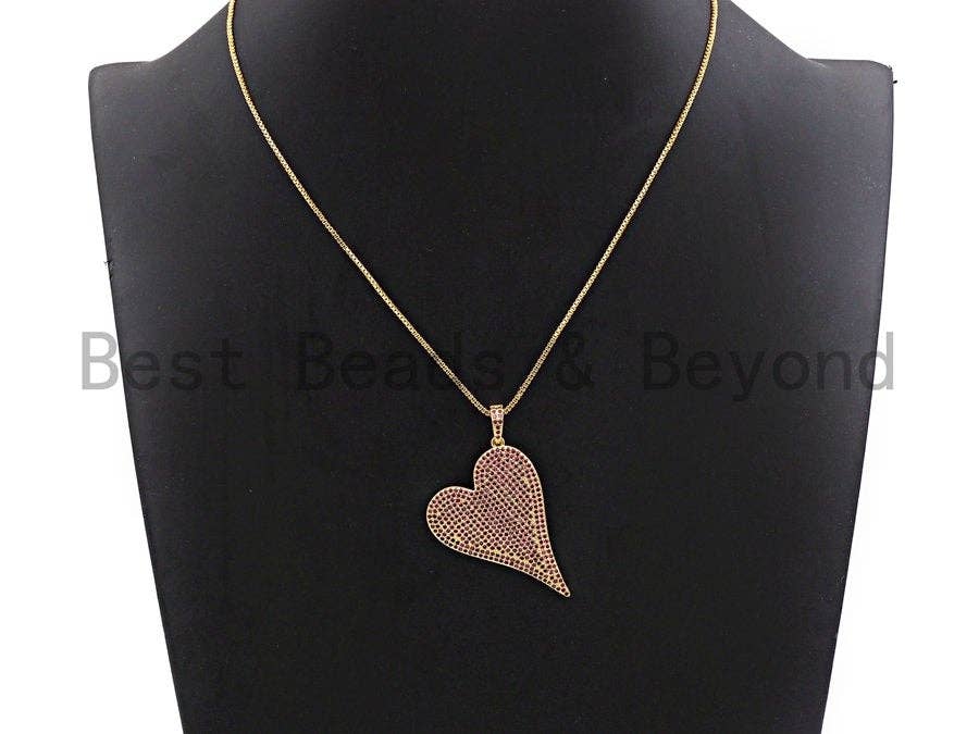 CZ Fuchsia Micro Pave Large Heart Pendant, Heart Shaped Pave Pendant, Gold/Rose Gold/Silver/Gunmetal plated, 30x41mm, Sku#X52