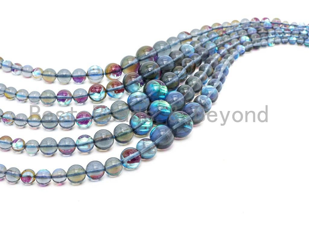 Superb 6-16mm Graduated Blue Flashy Rainbow Manmade Moonstone Graduated Strand, Blue Round Smooth Moonstone, 15.5inch Full strand, SKU#U80