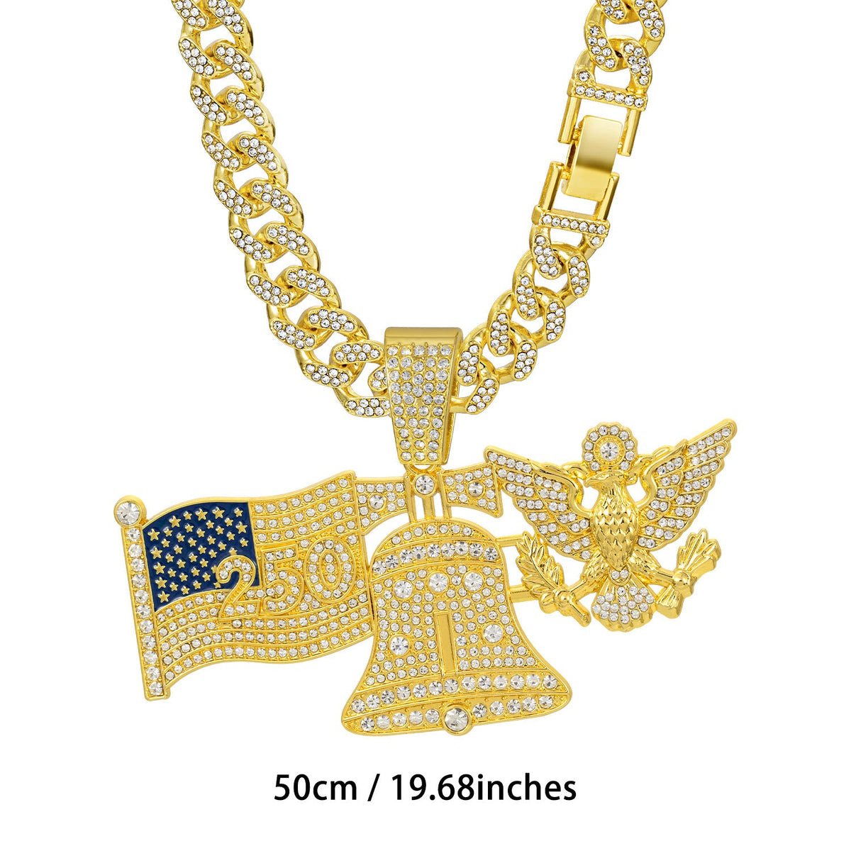 American 250Th Anniversary Liberty Bell White Eagle Pendant Necklace Alloy Diamond-Encrusted Cuban Chain Hip-Hop Accessory