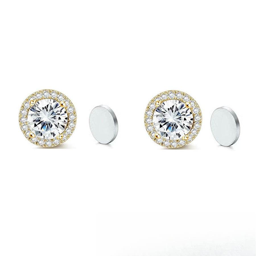 Magnetic CZ Round Halo Stud Earrings for Men Women, Non-Piercing Clip On Studs, Round Cubic Zirconia Stainless Steel