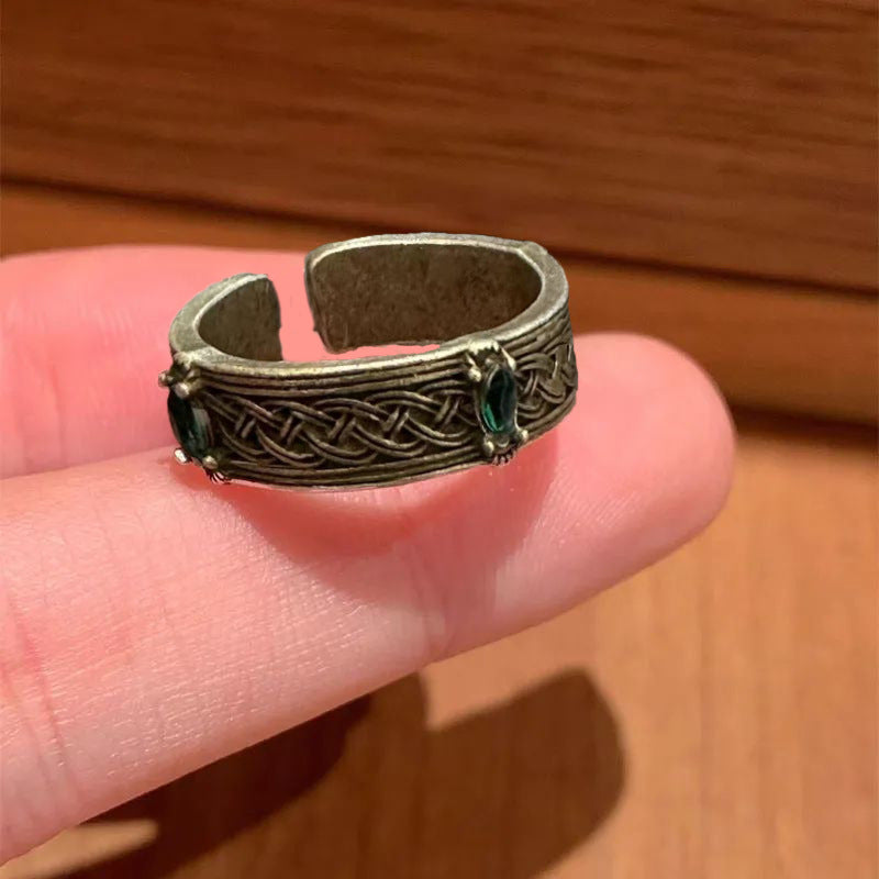Vintage Distressed Chain Blue Zircon Open Ring, Unisex Niche Design Jewelry