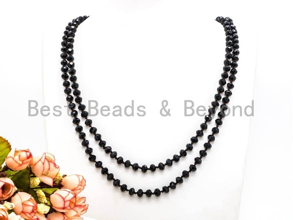 60/36 Long Hand Knotted Black Crystal Necklace, SKU#D10