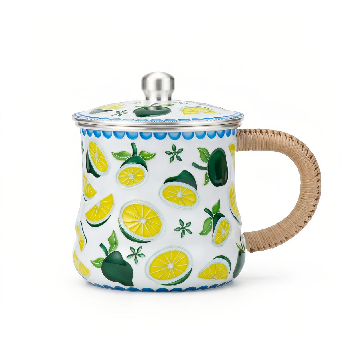 Pure 999 Fine Silver Vibrant Citrus Print Enamel Mug with Natural Wicker Handle and Lid - Handicraft