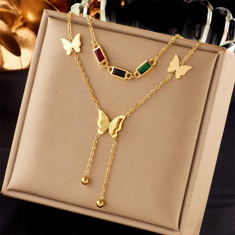European And American Retro Butterfly Pearl Double-Layered Necklace For Women, Cross-Border Light Luxury Niche Stainless Steel Gold-Plated Jewelry Necklace
