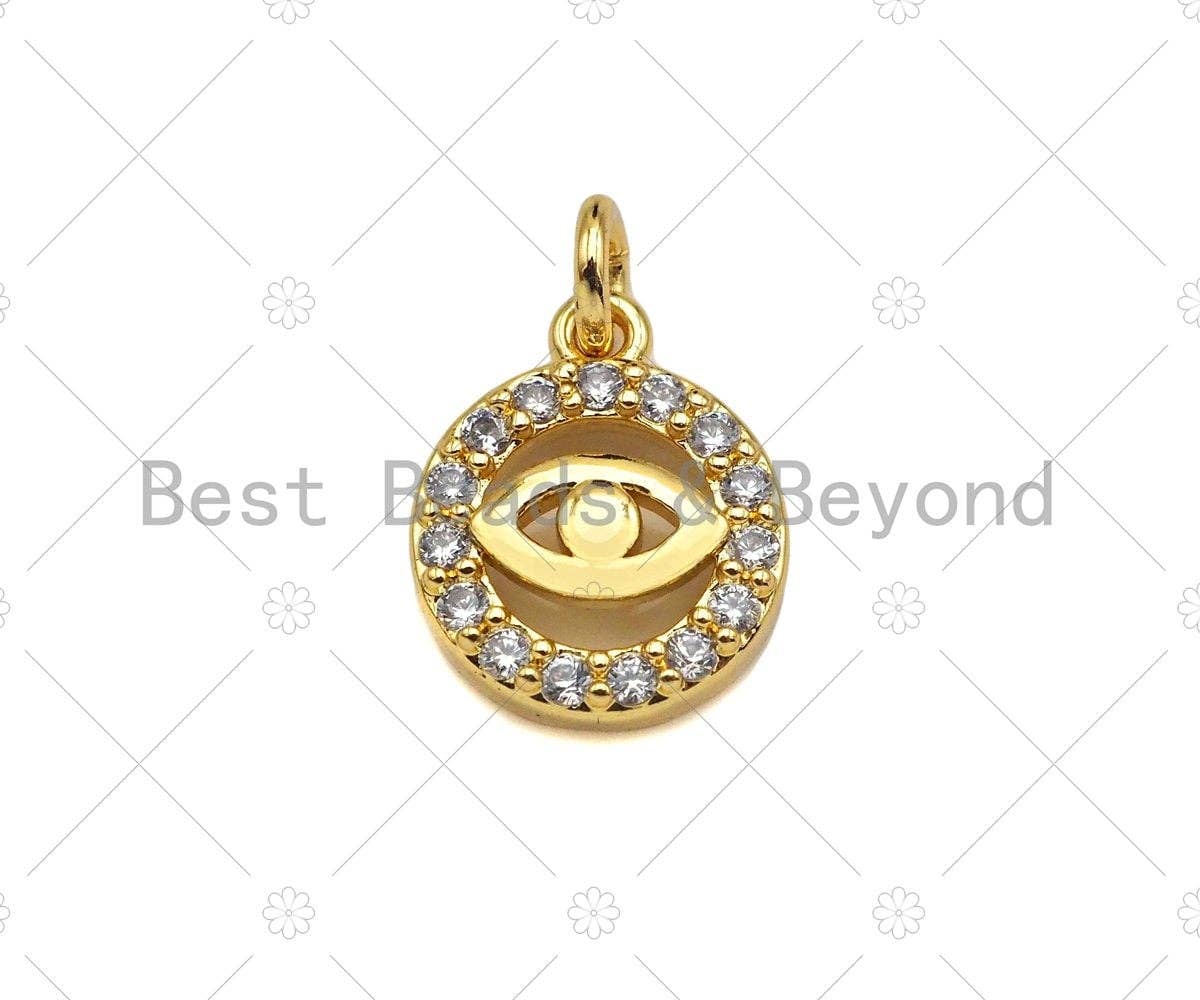 CZ Micro Pave Evil Eye On Round Ring Shape Pendant,18K Dainty Gold Charm, Necklace Bracelet Charm Pendant,9x11mm,Sku#JL38