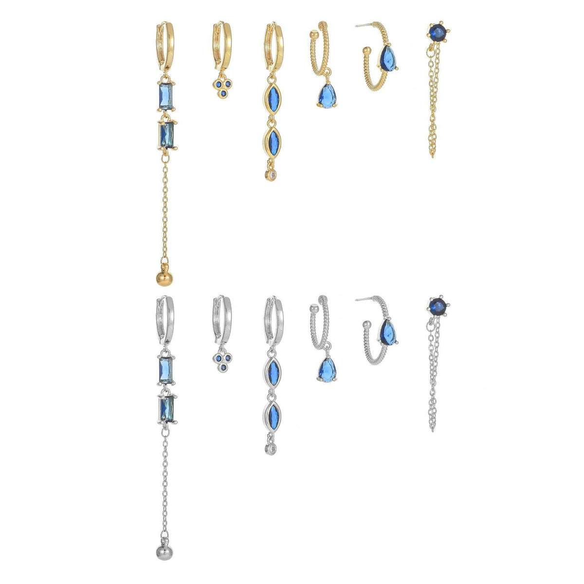 Stacking 6 Pieces Long Tassel Vintage Earring Set with Micro-Pavé Dazzling Blue Zircons, 18k Gold Plated Ear Studs & Ear Drops, S925 Needle