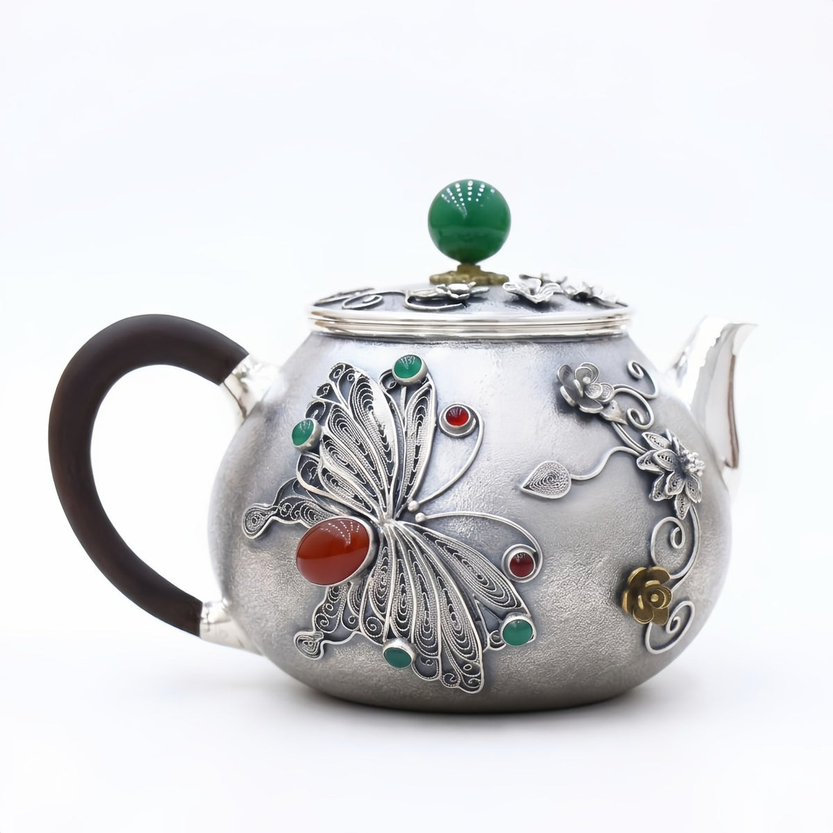 Pure 999 Fine Silver Silver Filigree Teapot with Butterfly Motif and Vibrant Gemstone Embellishments - Handicraft