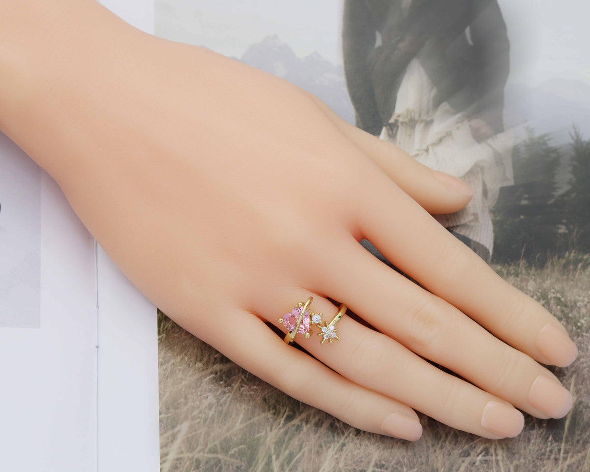 Red/Green/Pink CZ Heart with Star Adjustable Ring, Sku#LD285