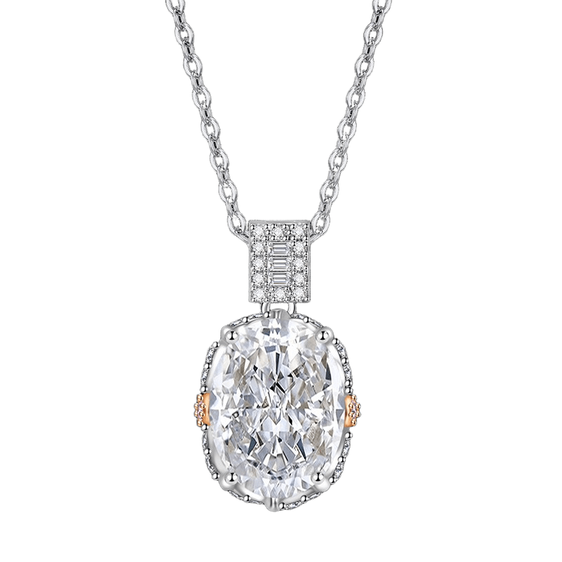 Multicolor Ice Flower Cut Oval CZ Pendant Necklace, 10*14mm 8A Cubic Zirconia, Two-Tone Pave CZ Halo with Pavé Top Frame, Adjustable Chain