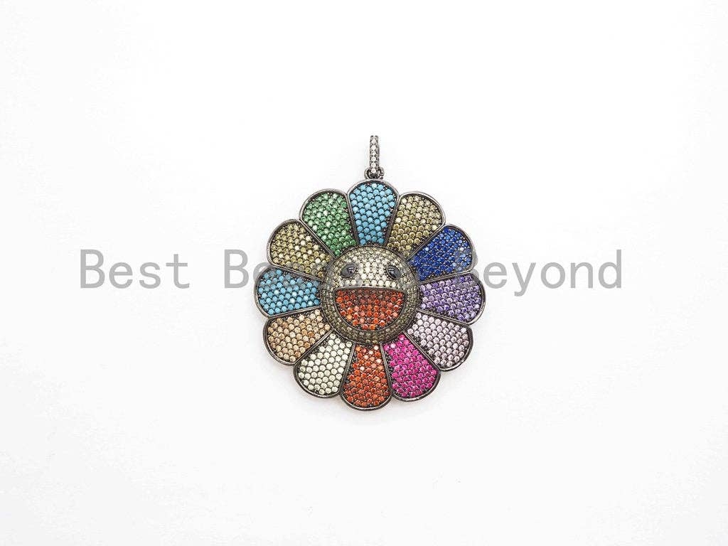 Rainbow Color CZ Micro Pave Smiley Face Sunflower Pendant/Focal, Pave pendant Gold,Silver,Rose Gold,Black plated,44mm,sku#F487