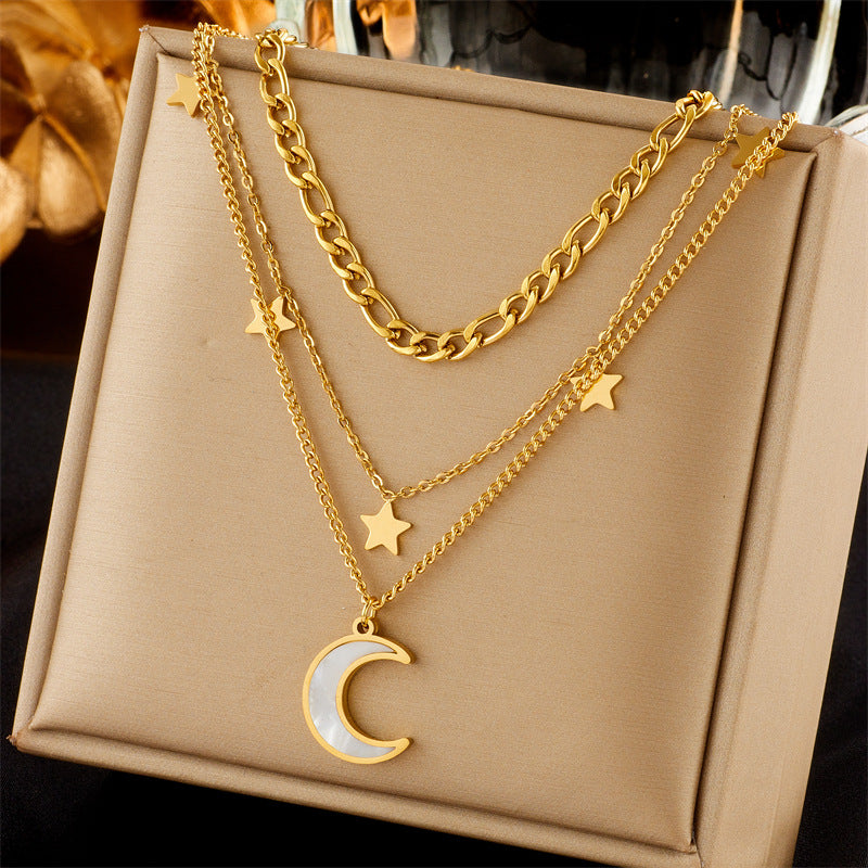 European And American Retro Butterfly Pearl Double-Layered Necklace For Women, Cross-Border Light Luxury Niche Stainless Steel Gold-Plated Jewelry Necklace