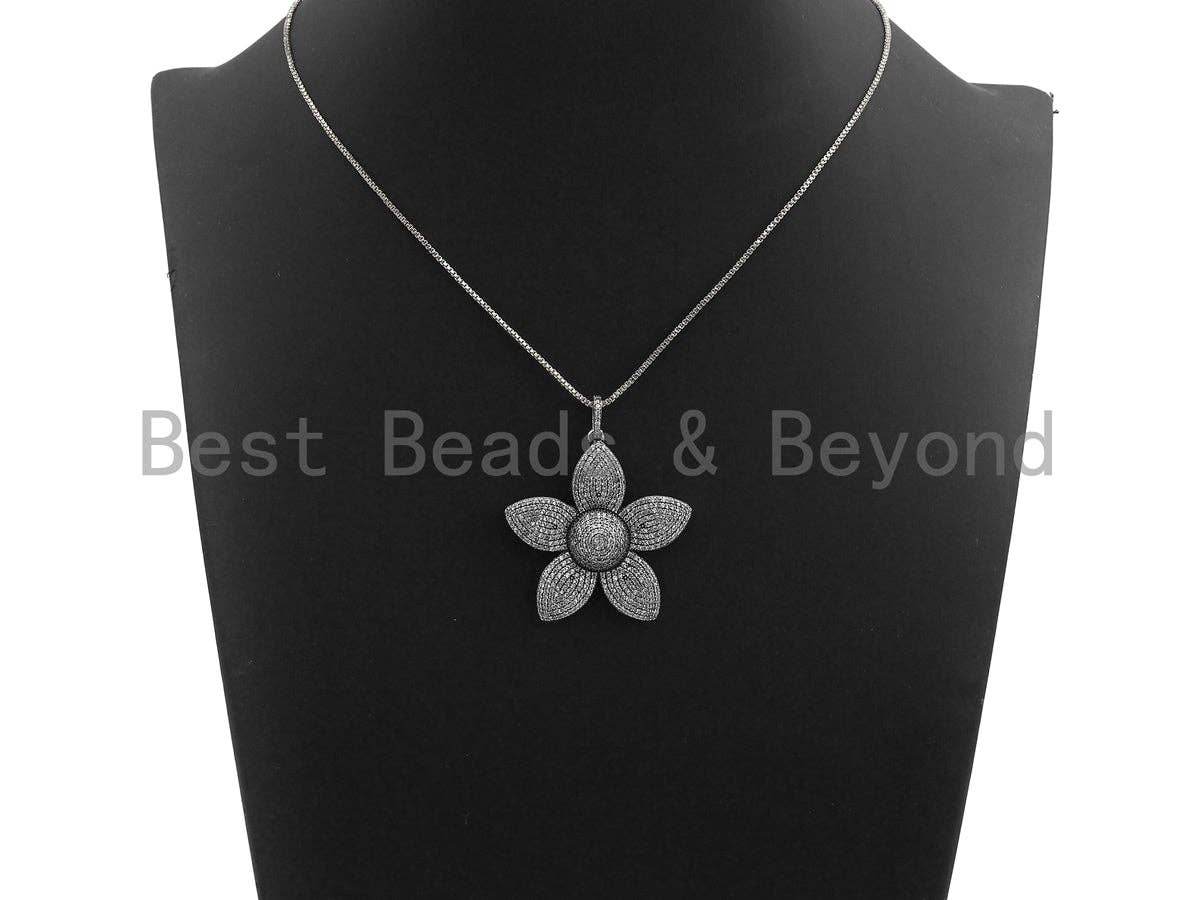 CZ Micro Pave Sakura Flower Pendant, Antique Silver Tone, Clear Cubic Zirconia Big Pave Flower Charm Pendant, 40x41mm,sku#F999C