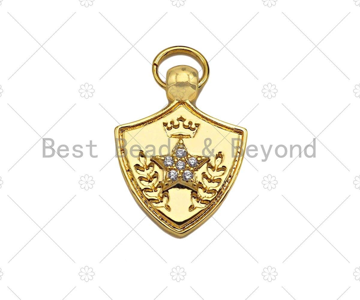 CZ Micro Pave Five Star Crown On Shield  Shape Pendant/Charm,Cubic Zirconia Charm, Shield Necklace Bracelet Charm Pendant,19x25mm, Sku#L473