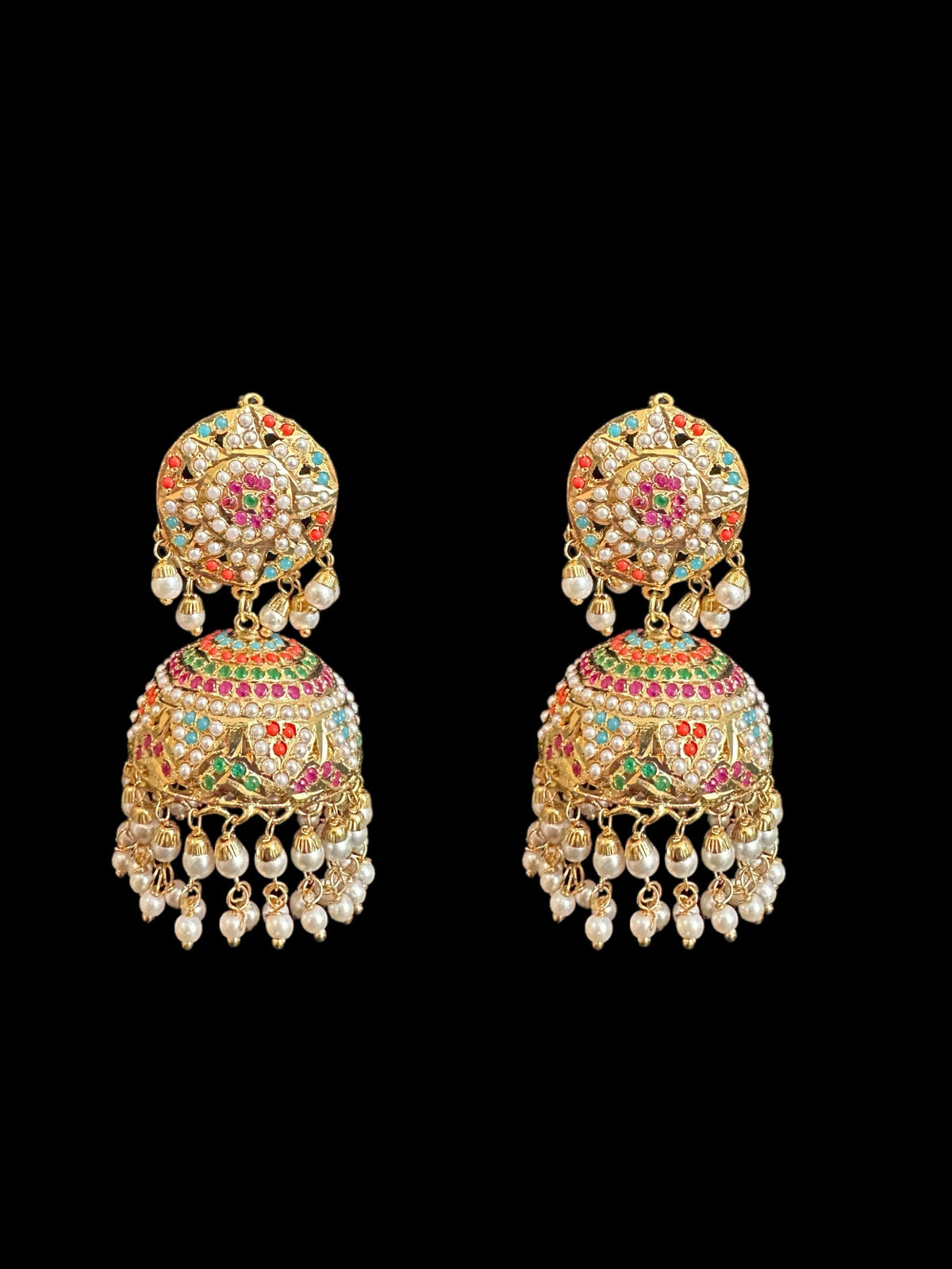 DJET62 Jadau jhumka in Navratan with pearls ( READY TO SHIP )