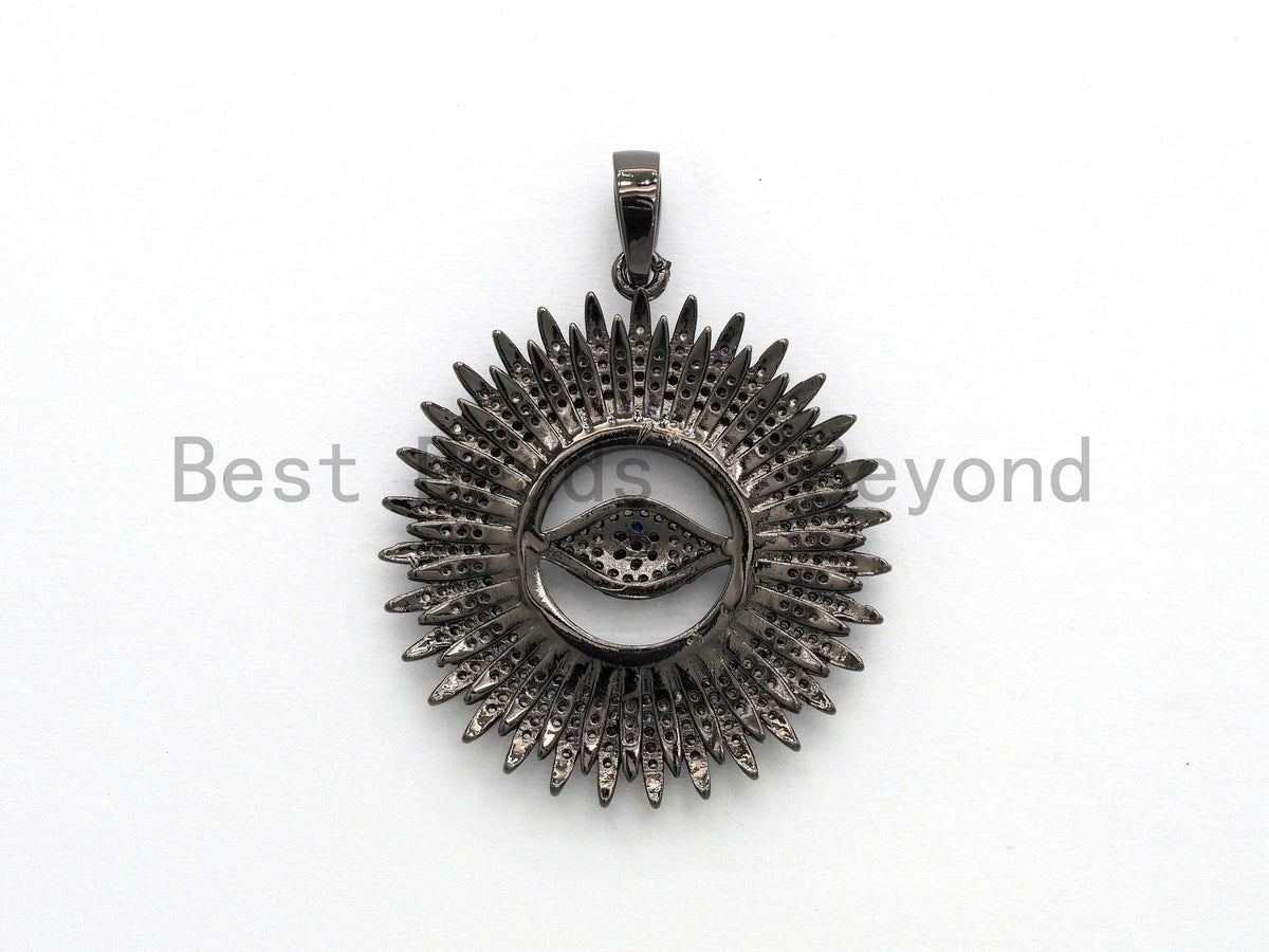 Large CZ Micro Pave Flower With Blue Evil Eye Pendant, Cubic Zirconia Paved Charm/Focal Pendant, Necklace Charm Pendant, 36x39mm,sku#F556