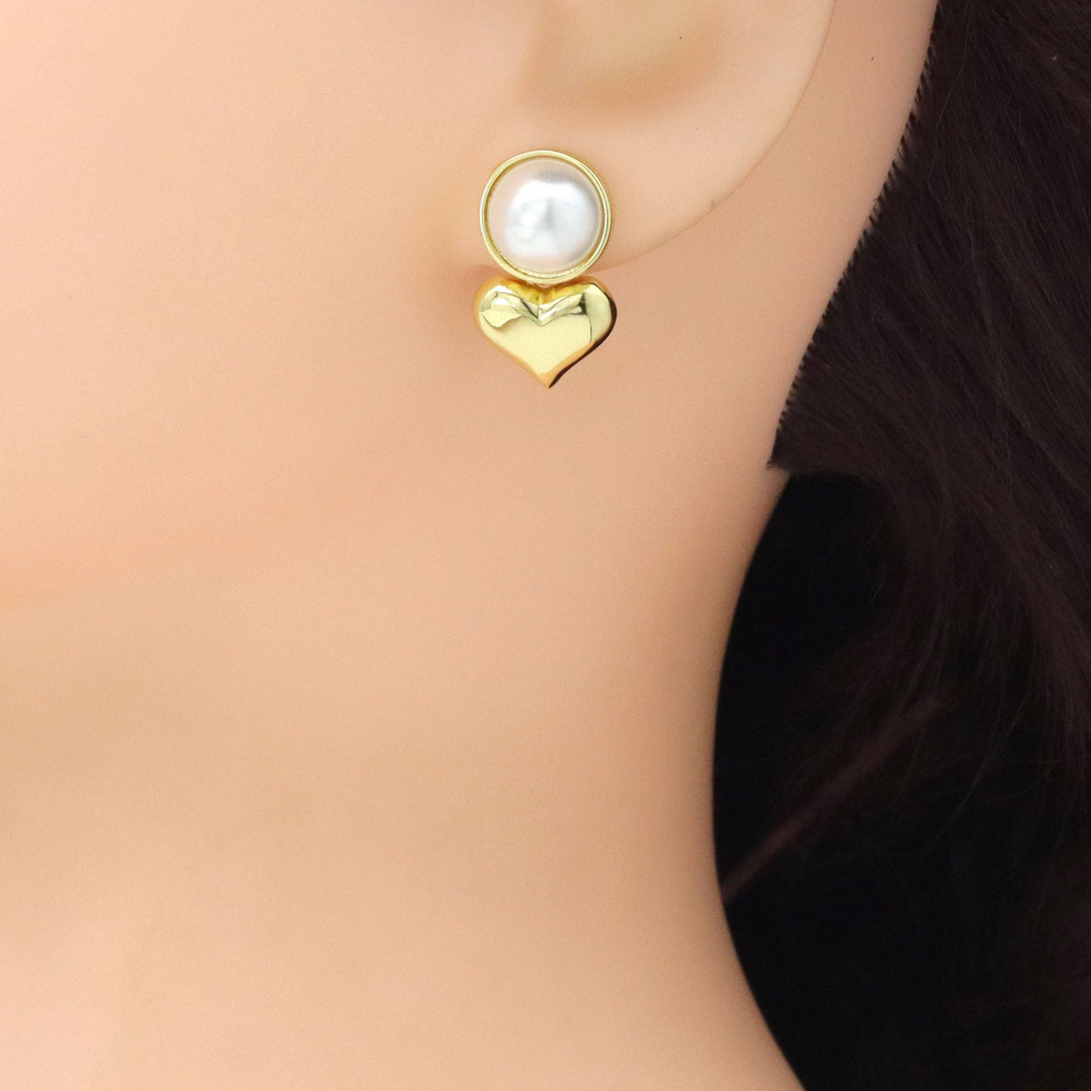 Gold Heart White Pearl  Earrings, Sku#LX721