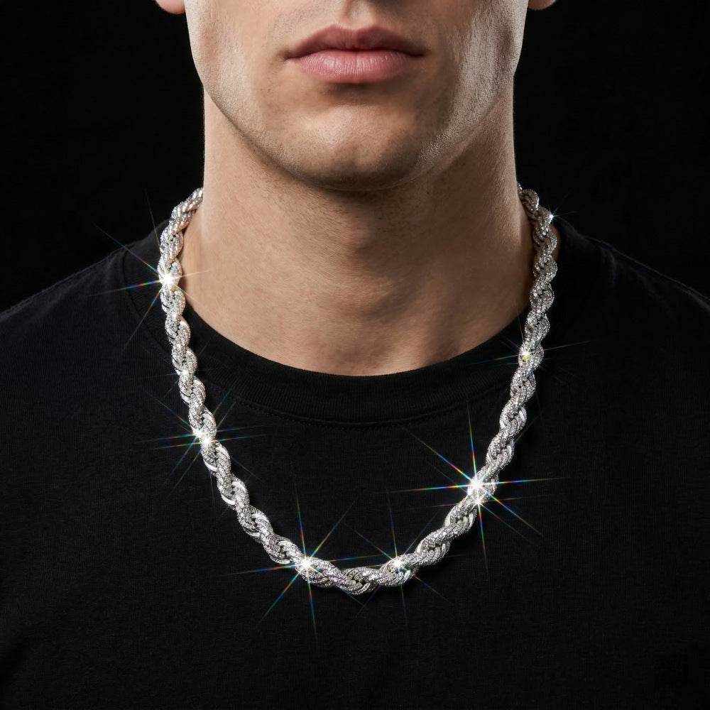 European And American Hip-Hop Mens Necklace 10mm Alloy Braided Chain With Diamonds