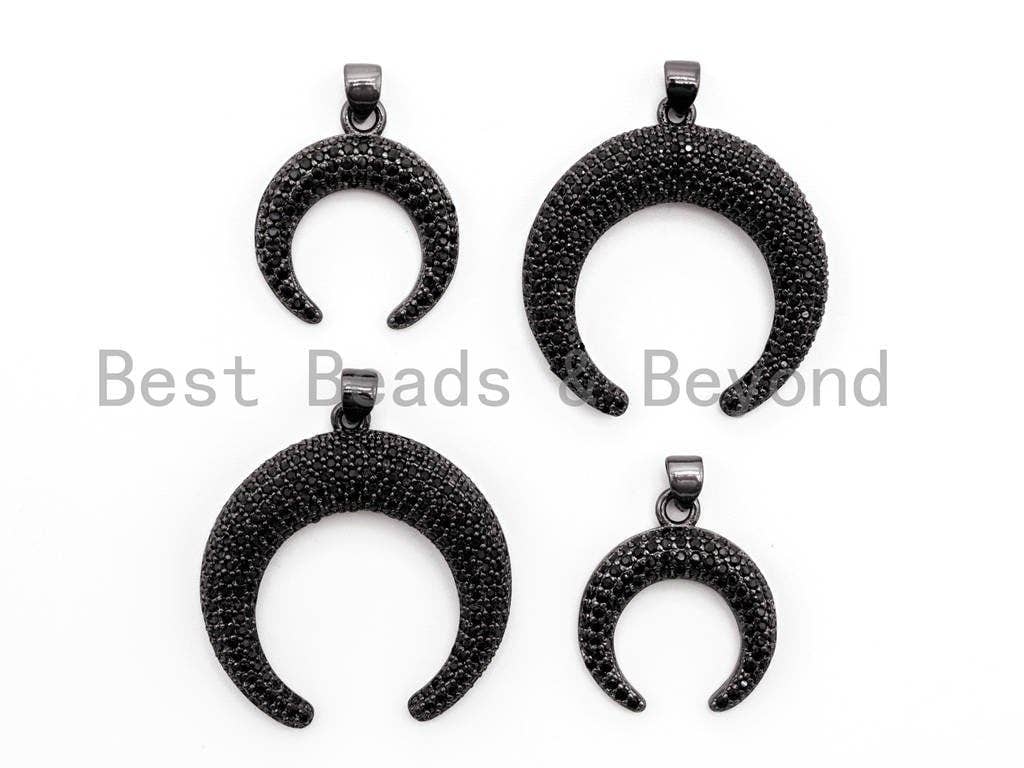 Black CZ Pave On Black Micro Pave Crescent Moon Charm Beads, Micro Paved Horn Pendant,30x31/19x22mm, sku#F399